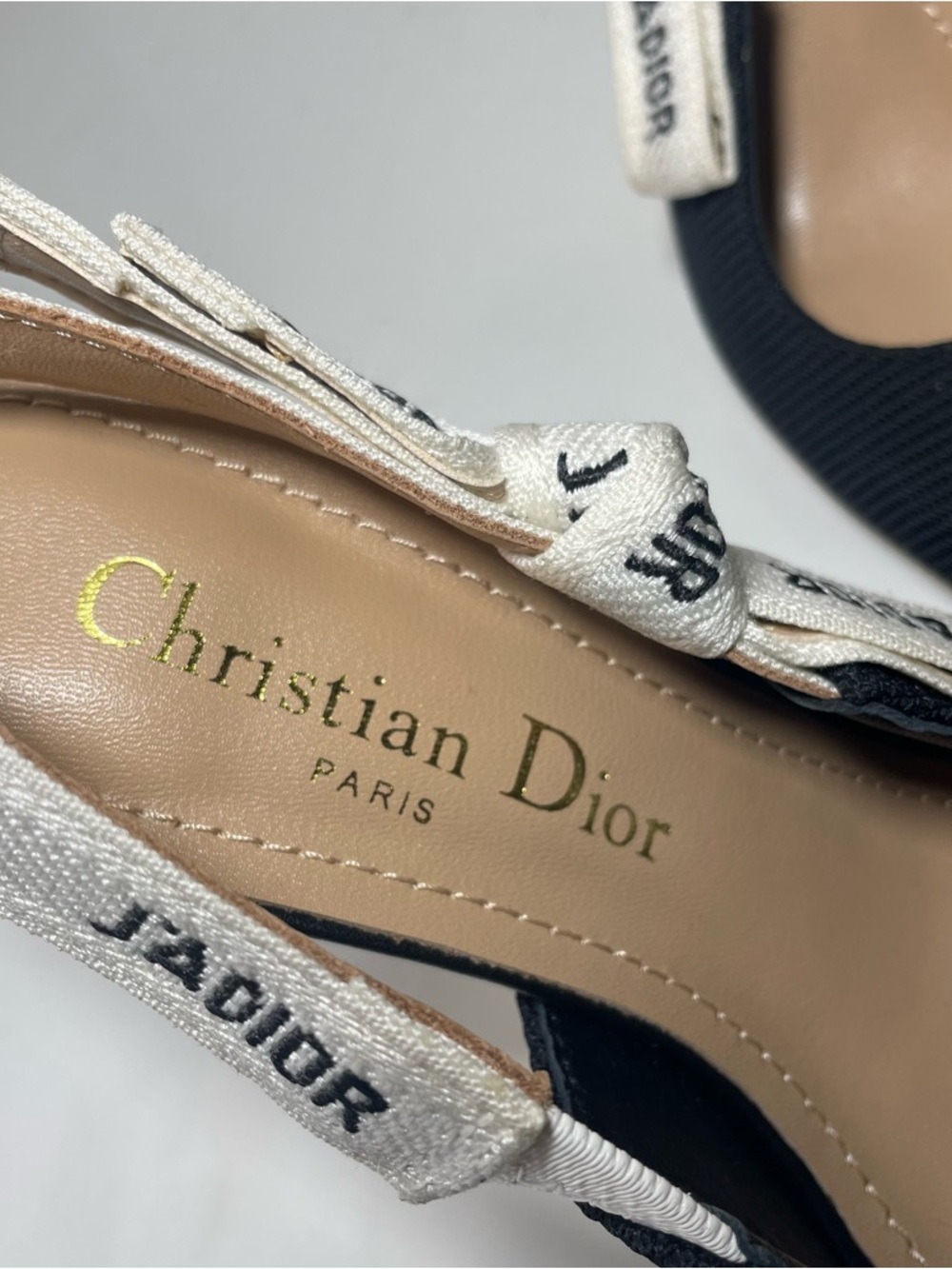 Dior Black Pointed Slingback Heels with White J'Adior Ribbon - Picture 5 of 5